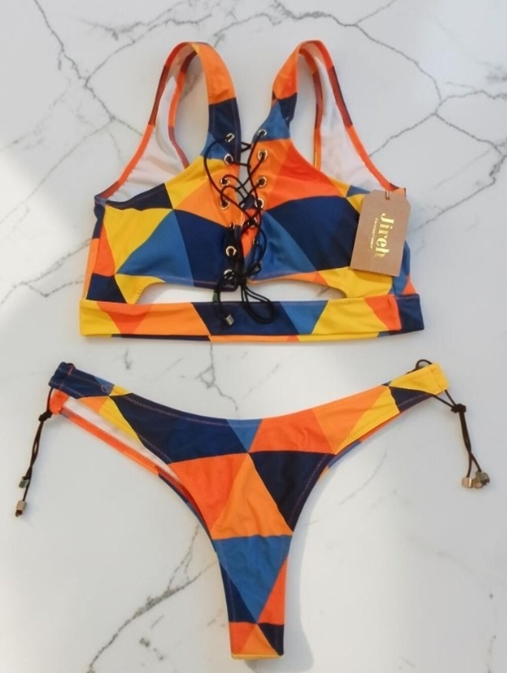 NWT-Jireh colorful geometric print two-piece swimsuit, lace-up front & bottoms M - Picture 2 of 3